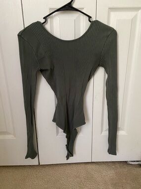 aerie Olive Ribbed Long-Sleeve Scoop Neck Bodysuit